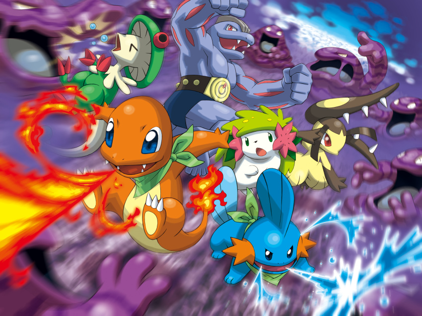 above_clouds absurdres breathing_fire breloom bubble charmander clouds fighting fire grimer highres machoke mawile motion_blur mudkip muk no_humans official_art pokemon pokemon_(creature) pokemon_mystery_dungeon pokemon_mystery_dungeon:_explorers_of_time/darkness/sky promotional_art scarf shaymin splashing water