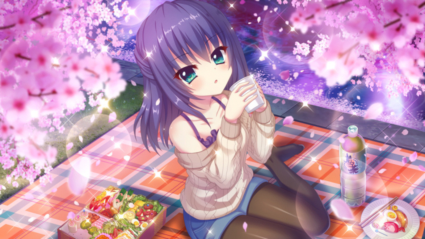 1girl aqua_eyes argyle argyle_sweater bare_shoulders bento black_pantyhose blanket blue_hair blue_shorts bottle cherry_blossoms chopsticks collarbone cup dot_nose film_grain food_request from_above game_cg grass hardboiled_egg holding holding_cup honjou_kasumi izumi_tsubasu lens_flare looking_at_viewer medium_hair night no_shoes non-web_source off-shoulder_sweater off_shoulder official_art outdoors pantyhose paper_plate parted_lips picnic plaid plaid_blanket plate re:stage! shorts sitting solo sparkle sweater wariza water