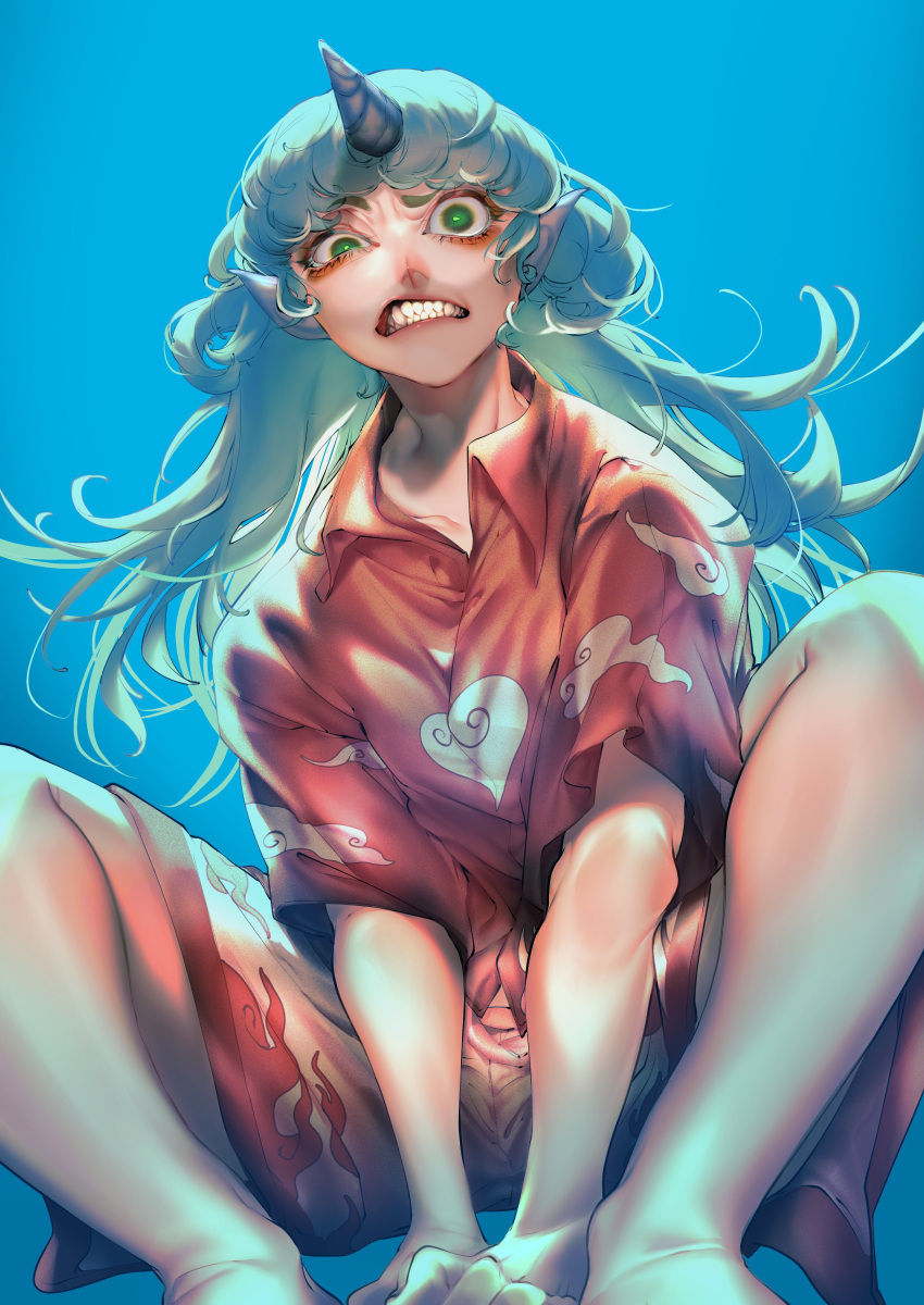 1girl absurdres artist_request bad_link blue_background curly_hair fangs green_hair highres horns komano_aunn long_hair paw_pose red_shirt shirt shorts simple_background single_horn solo touhou