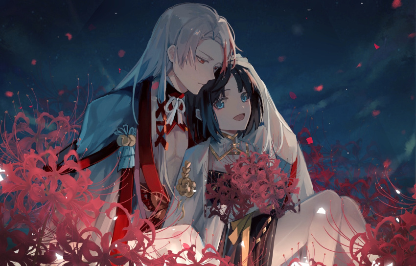 1boy 1girl :d bell black_dress black_hair blue_eyes bob_cut butterfly_ornament cape chinese_clothes choker closed_mouth couple detached_collar dress eye_contact falling_petals feet_out_of_frame female_master_(the_tale_of_food) field flower flower_field gold_trim hair_ribbon hand_on_another's_head hetero highres jingle_bell knees_together_feet_apart knees_up light_blush long_hair long_sleeves looking_at_another medium_hair meng_po_tea_(the_tale_of_food) multicolored_hair night nokoyayaya open_clothes open_robe parted_bangs pectoral_cleavage pectorals petals red_choker red_eyes red_flower red_ribbon redhead ribbon robe sideways_glance sitting smile spider_lily streaked_hair the_tale_of_food tress_ribbon white_cape white_hair white_robe wide_sleeves