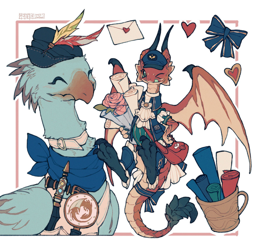 &gt;_o ;p ^_^ artist_name ascot bag blue_bow blue_headwear blue_jacket blue_neckerchief bouquet bow chocobo claws closed_eyes collar collared_jacket colored_tongue cropped_torso cup dragon ehll_tou envelope facing_viewer final_fantasy final_fantasy_xiv forked_tongue frilled_sleeves frills from_side full_body green_shirt green_tongue hand_on_own_hip hat_feather heart highres holding holding_bouquet holding_scroll horns jacket looking_at_viewer mailman mug neckerchief no_humans one_eye_closed scales scroll shirt shoulder_bag shuini_xiaomao simple_background smile tail tail_bow tail_ornament tongue tongue_out uniform upper_body white_ascot white_background