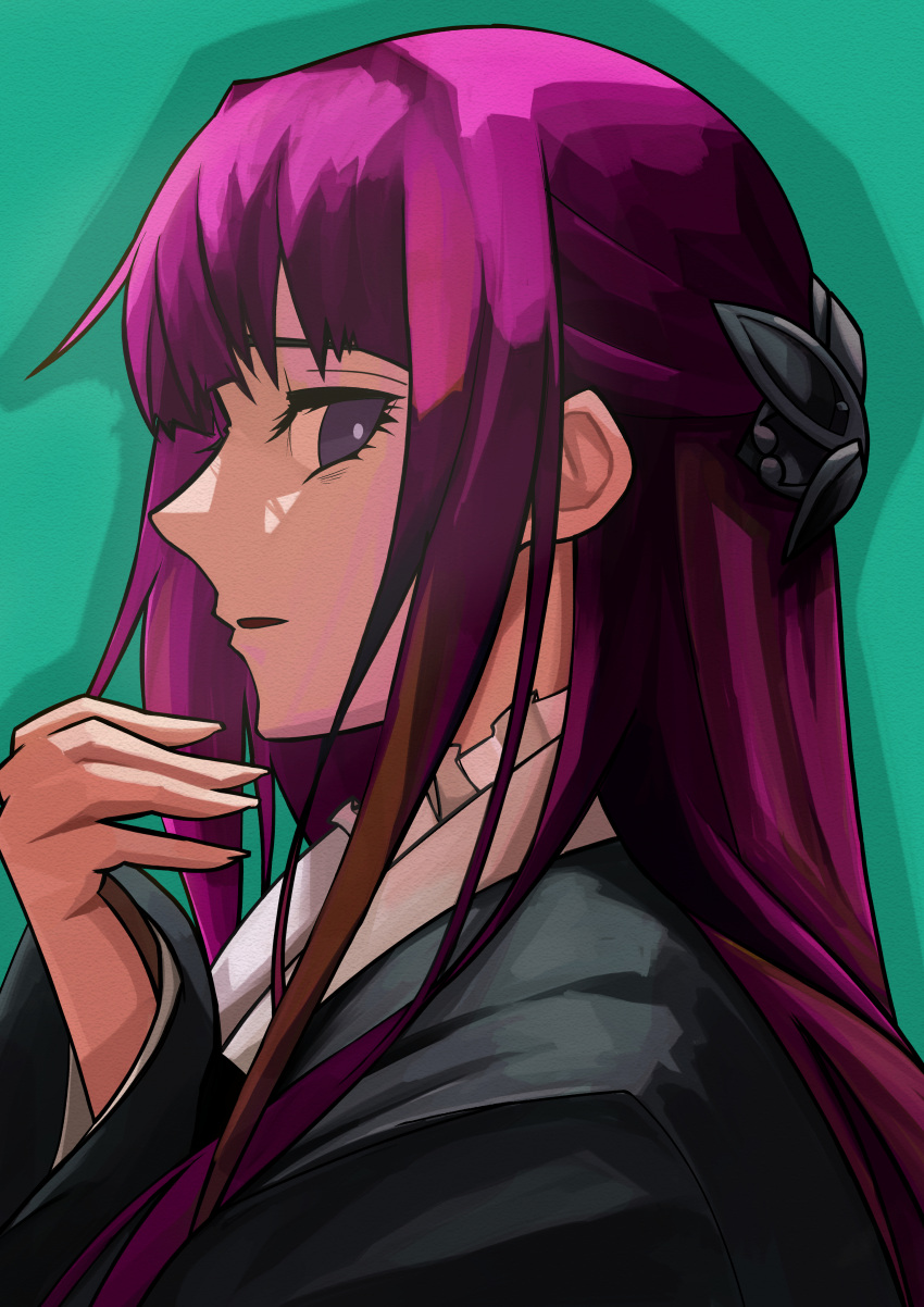 1girl absurdres black_robe blunt_bangs butterfly_hair_ornament echo-kilo fern_(sousou_no_frieren) from_side green_background hair_ornament highres long_hair looking_at_viewer looking_to_the_side purple_hair robe sidelocks simple_background solo sousou_no_frieren straight_hair violet_eyes