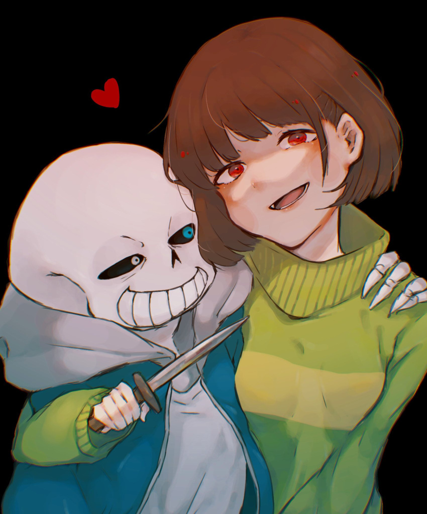 1boy 1girl :d arm_around_shoulder black_background blade_to_throat blue_eyes blue_hoodie blush bob_cut breasts brown_hair chara_(undertale) commentary green_sweater grin hand_on_another's_shoulder head_tilt heart heterochromia highres holding holding_knife holding_weapon hood hood_down hoodie knife looking_at_another looking_at_viewer loose_hair_strand narrowed_eyes open_mouth red_eyes sans shirt short_hair simple_background skeleton small_breasts smile sweater t-shirt takekinoko teeth two-tone_hoodie two-tone_sweater undertale upper_body weapon white_eyes white_hoodie white_shirt yellow_sweater