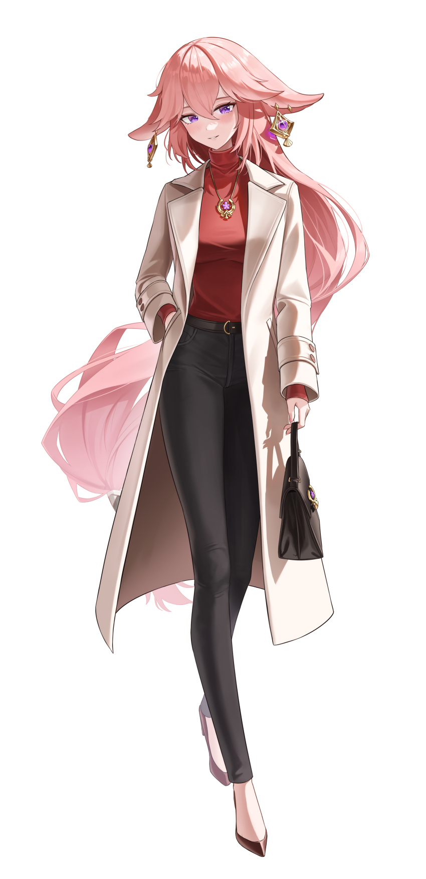 1girl absurdres alternate_costume animal_ears bag belt black_bag black_belt black_footwear black_pants casual coat fox_ears full_body genshin_impact hair_between_eyes hand_in_pocket high_heels highres holding holding_bag long_hair looking_at_viewer pants parted_lips pink_hair red_shirt shirt simple_background smile solo standing tiokun7 turtleneck violet_eyes vision_(genshin_impact) white_background white_coat yae_miko