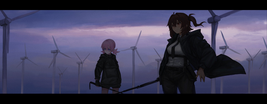 2girls absurdres belt black_jacket breasts closed_mouth clouds cloudy_sky hair_between_eyes highres holding holding_weapon jacket letterboxed long_sleeves multiple_girls necktie one_side_up original outdoors pants pink_hair red_eyes shirt short_hair short_shorts shorts sky toxic_ghost twintails violet_eyes weapon white_shirt wind_turbine
