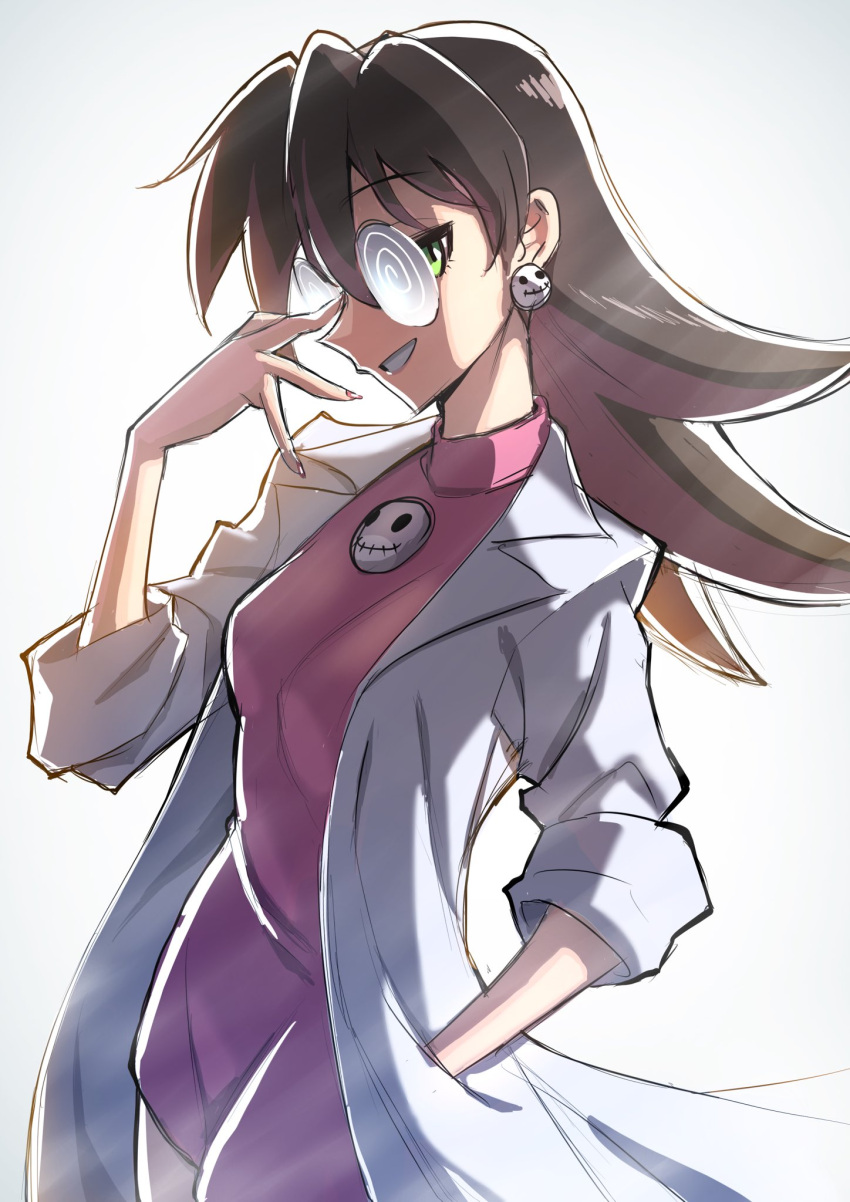 1girl adjusting_eyewear brown_hair coat coke-bottle_glasses dress fingernails glasses green_eyes grin hand_in_pocket highres lab_coat long_hair looking_at_viewer mega_man_(series) mega_man_legends official_alternate_costume open_clothes open_coat pink_dress pocket profile rog_rockbe round_eyewear simple_background sleeves_rolled_up smile solo the_misadventures_of_tron_bonne tron_bonne tron_bonne_(mega_man) white_background white_coat