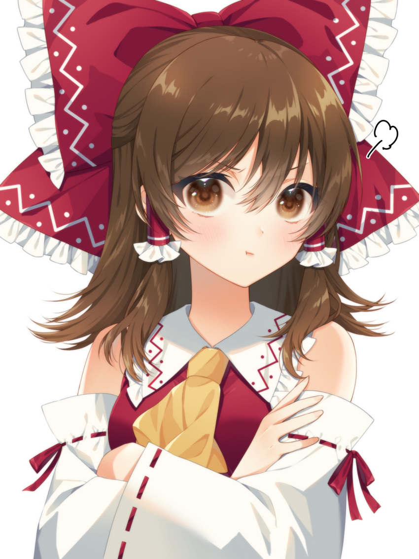 1girl :t ascot bare_shoulders bow brown_eyes brown_hair commentary_request crossed_arms detached_sleeves frilled_bow frilled_hair_tubes frills frown hair_tubes hakurei_reimu highres kirisita long_hair looking_at_viewer pout red_shirt redhead ribbon-trimmed_sleeves ribbon_trim shirt solo touhou upper_body white_background yellow_ascot