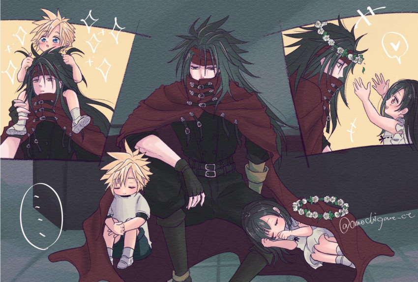 1girl 2boys aged_down arms_up belt black_hair black_jacket black_pants blonde_hair blue_eyes blush cape carrying child cloak cloud_strife commentary_request covering_mouth dress elbow_rest final_fantasy final_fantasy_vii final_fantasy_vii_remake fingerless_gloves gauntlets gloves head_wreath headband heart jacket knee_up knees_up long_hair looking_at_another lying multiple_belts multiple_boys omochigame_ct on_side pants profile red_cape red_cloak red_eyes red_headband shirt shorts shoulder_carry single_gauntlet single_glove sitting sleeping socks sparkle spiky_hair spoken_heart swept_bangs t-shirt tifa_lockhart twitter_username vincent_valentine white_dress white_shirt white_socks