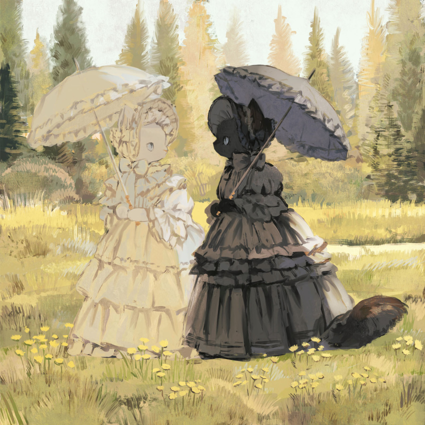 animal animal_focus black_cat black_dress black_ribbon blue_eyes bonnet bush cat closed_mouth clothed_animal commentary dress english_commentary flower frilled_dress frills grass grey_eyes highres holding holding_parasol holding_umbrella layered_dress long_dress looking_at_another neck_ribbon no_humans original outdoors parasol pine_tree ribbon slit_pupils standing tono_(rt0no) tree umbrella white_cat white_dress white_ribbon yellow_flower