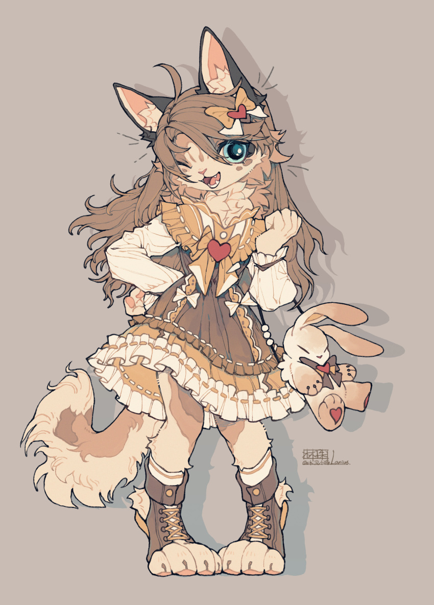 1girl :3 ;d absurdres ahoge animal_bag animal_ear_fluff animal_ears artist_name bag blue_eyes body_fur bow brown_background brown_dress brown_footwear brown_fur brown_hair capelet cat_ears cat_girl cat_tail chinese_commentary commentary_request cross-laced_footwear dress dress_bow drop_shadow fangs frilled_capelet frilled_dress frills full_body furry furry_female hair_bow hand_on_own_hip hand_up handbag highres knees_apart_feet_together layered_dress long_hair long_sleeves looking_at_viewer one_eye_closed open_mouth orange_capelet original shuini_xiaomao signature simple_background smile solo standing swept_bangs tail toeless_footwear whiskers