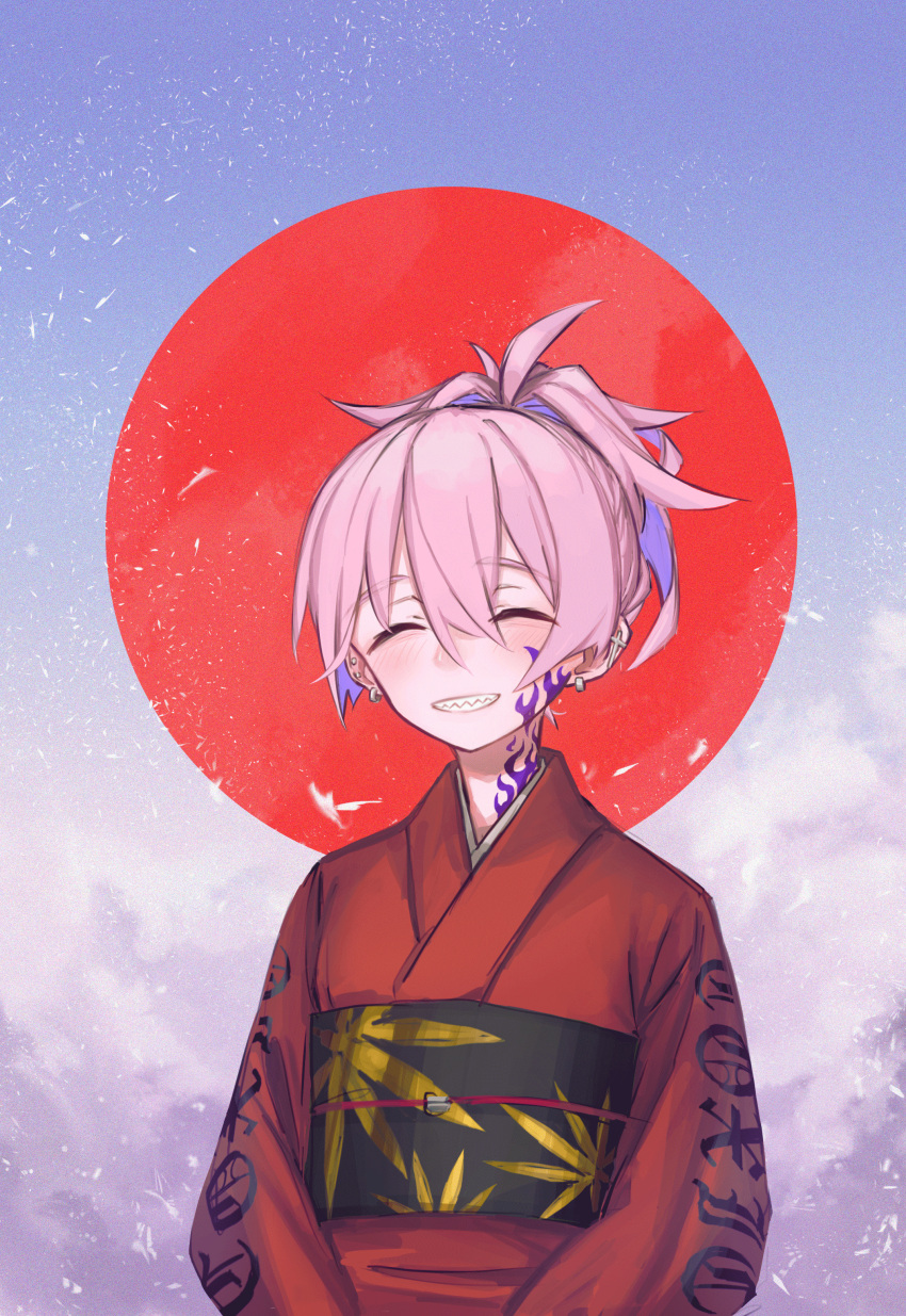 1girl absurdres blush closed_eyes clothes_writing ear_piercing facial_tattoo facing_viewer grin hair_between_eyes highres japanese_clothes kimono neck_tattoo obi original piercing pink_hair ponytail purple_hair red_kimono sash smile solo tattoo toxic_ghost upper_body