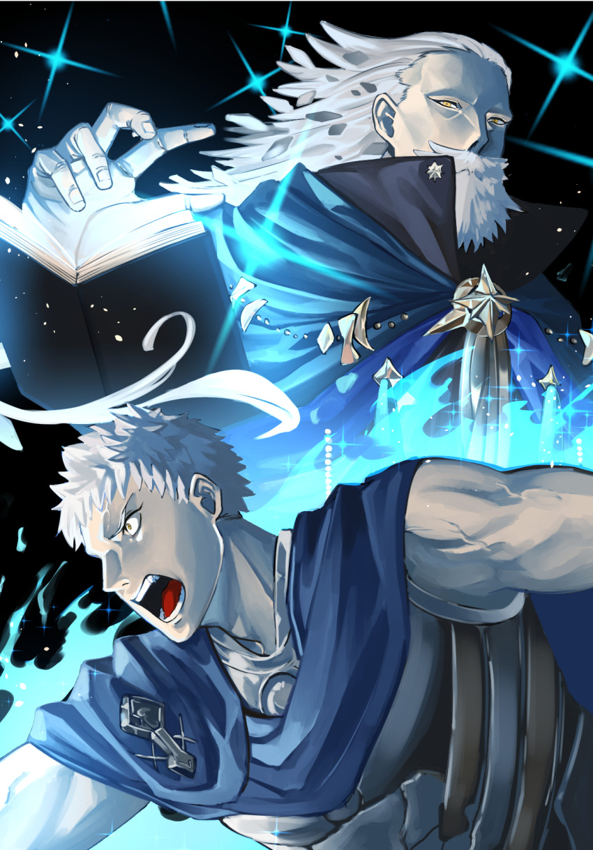 2boys aura beard book cloak dual_persona facial_hair fate/grand_order fate_(series) floating floating_book floating_object from_below full_beard greco-roman_clothes high_collar highres itaru_(kidomh63) looking_ahead male_focus mature_male multiple_boys noble_phantasm_(fate) old old_man ptolemy_(fate) short_hair shouting thick_eyebrows thick_mustache toned toned_male wrinkled_skin
