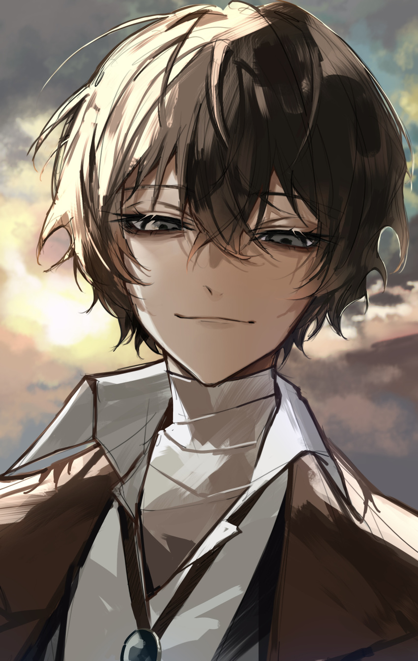 1boy absurdres bandaged_neck bandages black_eyes black_hair brown_jacket bungou_stray_dogs closed_mouth clouds cloudy_sky dazai_osamu_(bungou_stray_dogs) hair_between_eyes highres jacket looking_at_viewer male_focus outdoors portrait shirt short_hair sky smile solo sunlight white_shirt ya_ta