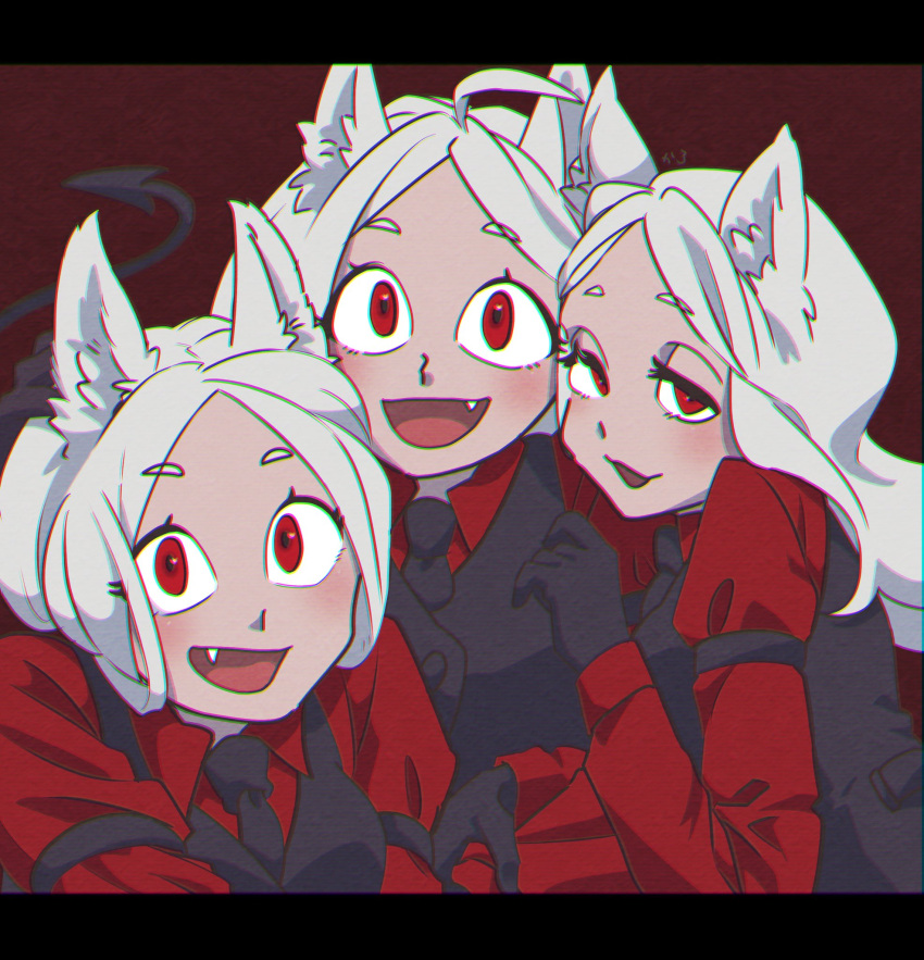 3girls :3 :d animal_ears artist_name black_border black_gloves black_necktie black_vest blush border breasts brown_background cerberus_(helltaker) chromatic_aberration collared_shirt commentary demon_girl demon_tail dog_ears dog_girl dress_shirt eyelashes fang gloves hairband half-closed_eyes hand_on_another's_arm helltaker highres kirokaroillust letterboxed long_hair long_sleeves looking_at_viewer medium_breasts multiple_girls necktie open_mouth parted_bangs red_eyes shirt siblings signature sisters smile tail thick_eyebrows triplets vest white_hair white_hairband white_shirt wide-eyed