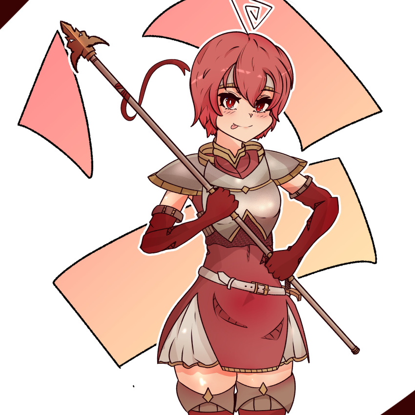 1girl :p absurdres armor artist_request breastplate est_(fire_emblem) fire_emblem fire_emblem_echoes:_shadows_of_valentia headband highres pauldrons red_eyes redhead short_hair shoulder_armor thighs tongue tongue_out weapon