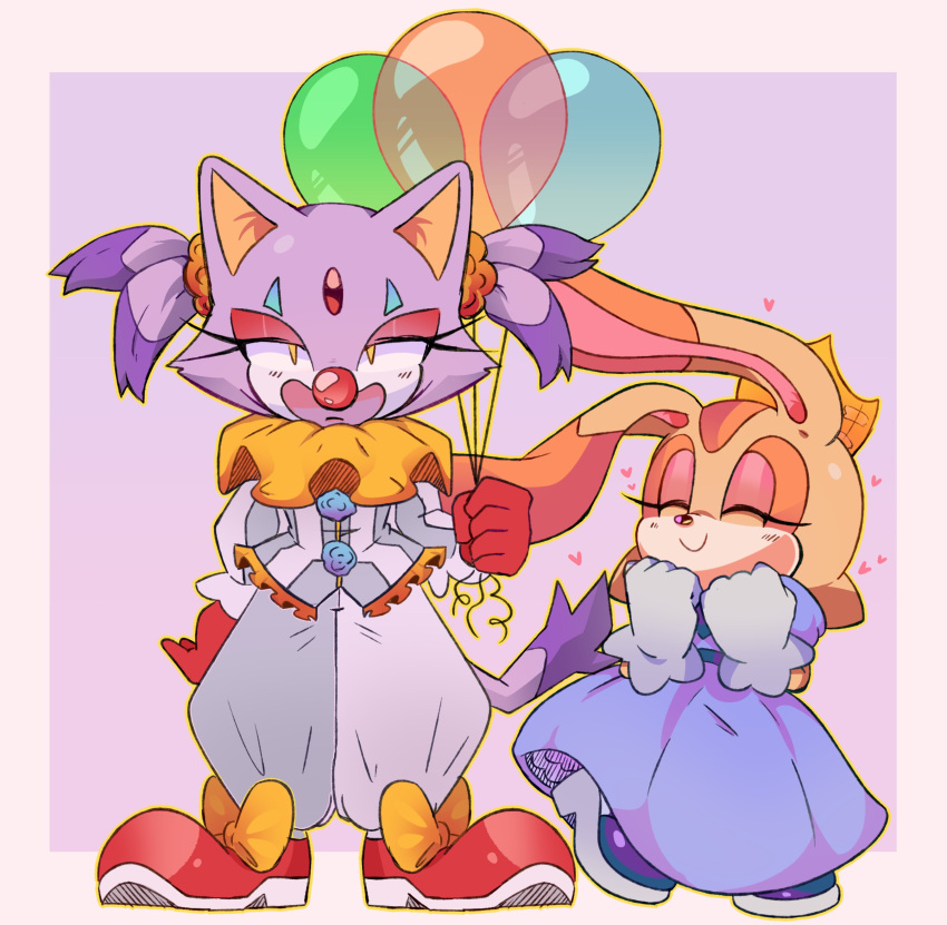 2girls absurdres animal_ears bad_id bad_twitter_id balloon blaze_the_cat blue_dress blue_footwear cat_ears cat_girl cat_tail closed_eyes clown clown_nose cream_the_rabbit crown dress eyeshadow forehead_jewel furry furry_female heart highres holding holding_balloon looking_at_viewer makeup multiple_girls purple_fur rabbit_ears rabbit_girl red_eyeshadow red_footwear short_twintails simple_background smile sonic_(series) stellarspin tail twintails