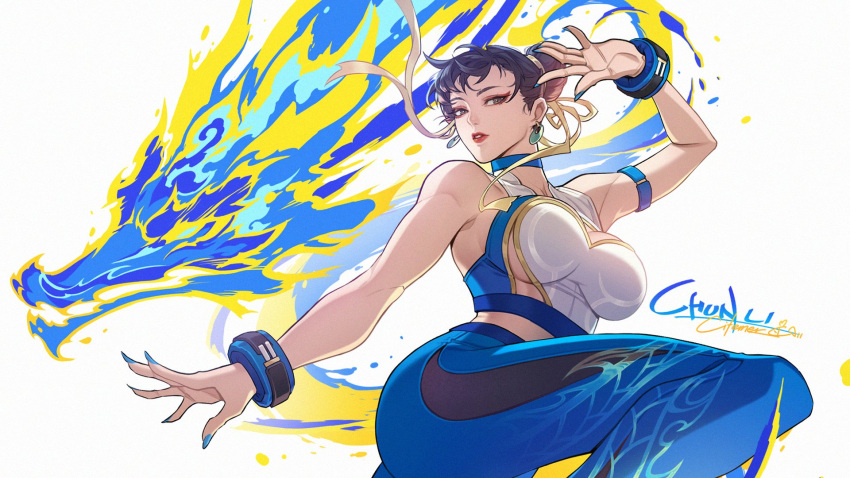 1girl alternate_costume artist_name ass aura bicep_strap blue_nails bracelet breasts brown_eyes brown_hair bun_cover character_name china_dress chinese_clothes chun-li citemer closed_mouth commentary double_bun dragon dress earrings fingernails hair_bun hair_ornament hair_over_one_eye highres jewelry lips lipstick makeup medium_breasts muscular muscular_female nail_polish signature simple_background skin_tight solo street_fighter