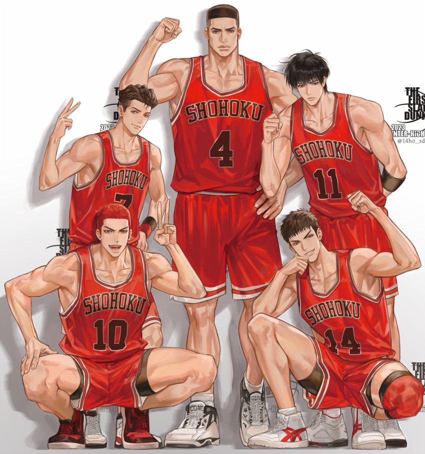 14ho_sd 5boys :d akagi_takenori arm_up armband armpits basketball_jersey basketball_uniform black_armband black_eyes black_footwear black_hair black_wristband brown_eyes brown_hair buzz_cut clenched_hand closed_mouth dark-skinned_male dark_skin full_body group_picture hand_on_own_face hand_on_own_hip highres knee_pads looking_at_viewer male_focus mitsui_hisashi miyagi_ryouta multiple_boys open_mouth pectoral_cleavage pectorals red_shorts red_tank_top red_wristband redhead rukawa_kaede sakuragi_hanamichi scar scar_on_chin scar_on_face shadow shoes short_hair shorts simple_background single_knee_pad slam_dunk_(series) smile sneakers sportswear squatting tank_top toned toned_male undercut v very_short_hair wavy_hair white_background white_footwear
