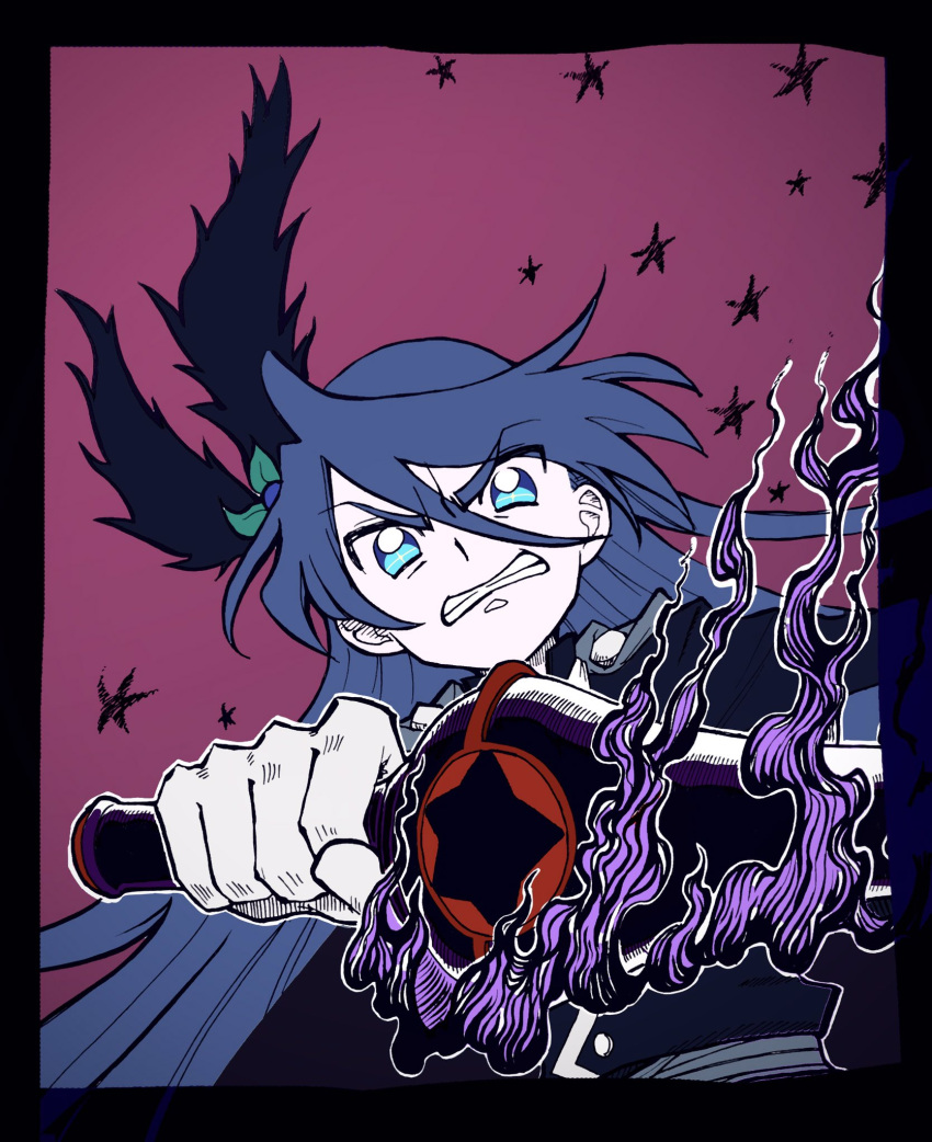 1boy aji_fry angry belt black_border blue_eyes blue_hair border commentary_request feather_hair_ornament feathers gloves hair_ornament highres jacket julio_(precure) kirakira_precure_a_la_mode long_hair magical_boy male_focus precure simple_background smoke star_(symbol) weapon white_gloves
