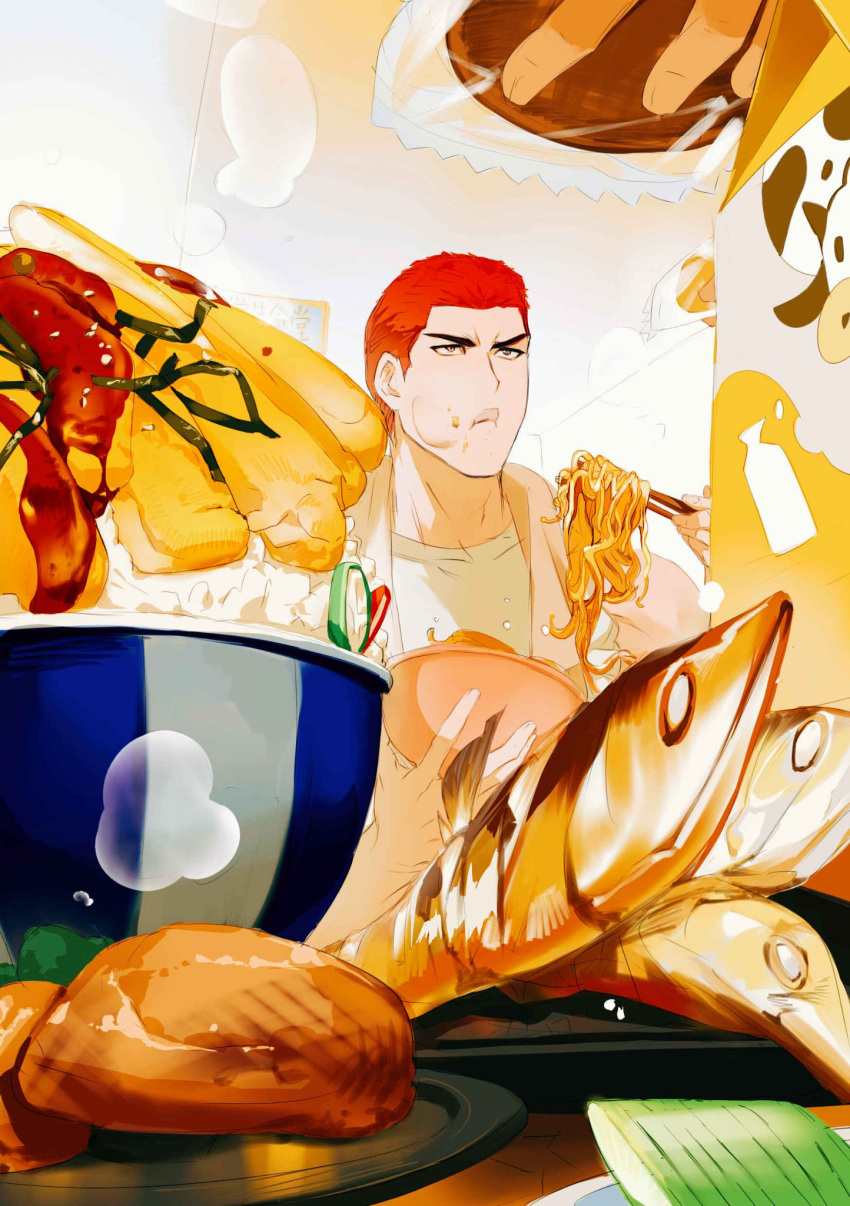 1boy 1other black_eyes bowl buzz_cut chewing chopsticks eating fish_(food) flu70579711 food food_on_face fried_fish highres holding holding_bowl holding_chopsticks looking_ahead male_focus milk noodles out_of_frame plate redhead rice sakuragi_hanamichi short_hair slam_dunk_(series) solo steam table tank_top towel towel_around_neck upper_body very_short_hair white_tank_top white_towel