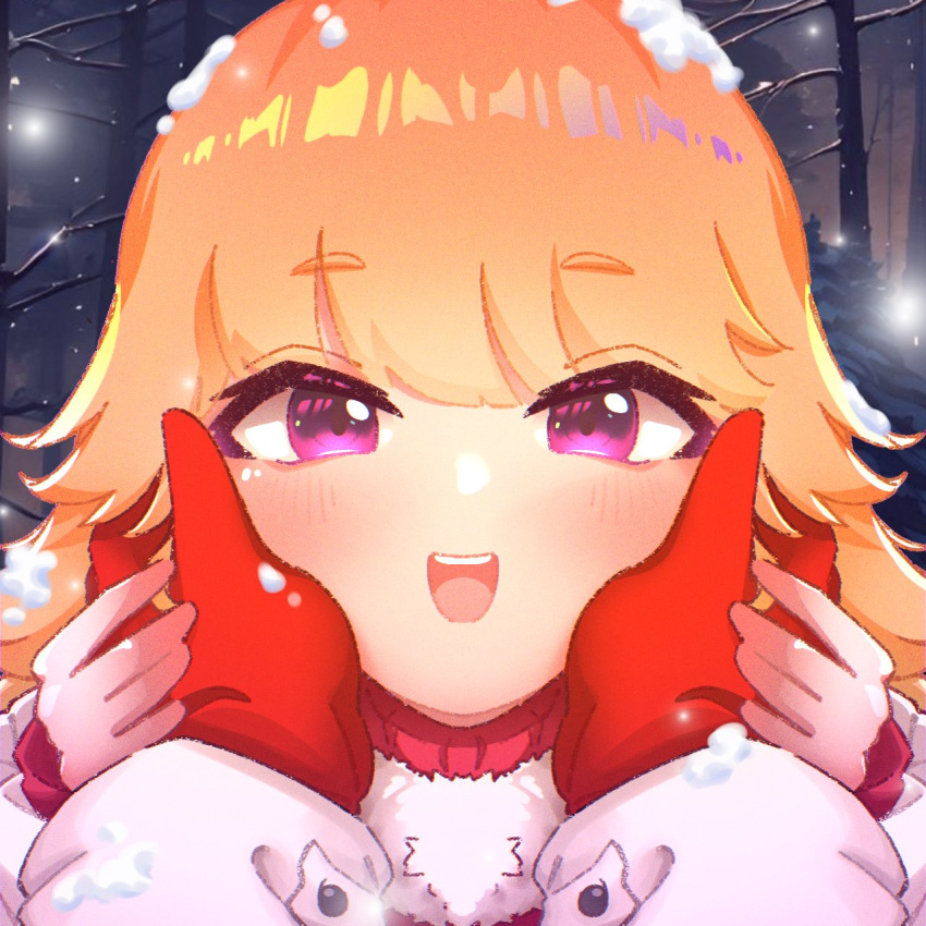 2girls blush coat couple female_pov fur_trim gloves grabbing hands_on_another's_cheeks hands_on_another's_face highres holding_another's_wrist holding_hands hololive hololive_english hyurisaki long_hair looking_at_viewer mori_calliope multiple_girls open_mouth orange_hair out_of_frame pov pov_hands smile takanashi_kiara violet_eyes virtual_youtuber winter_clothes winter_coat yuri