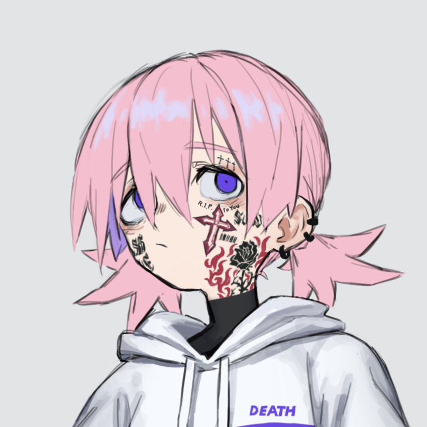 1girl barcode barcode_tattoo closed_mouth clothes_writing cross_tattoo ear_piercing english_text facial_tattoo flower_tattoo hair_between_eyes highres hood hood_down original piercing pink_hair short_twintails simple_background solo tattoo toxic_ghost twintails upper_body violet_eyes