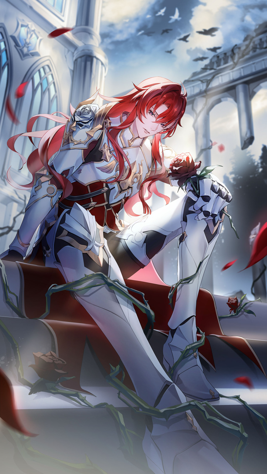 1boy absurdres ahoge androgynous animal argenti_(honkai:_star_rail) arm_support armor bird flower hair_between_eyes highres holding holding_flower honkai:_star_rail honkai_(series) knight long_hair looking_at_viewer male_focus manomenou multicolored_hair red_flower redhead sitting solo streaked_hair thorns white_armor