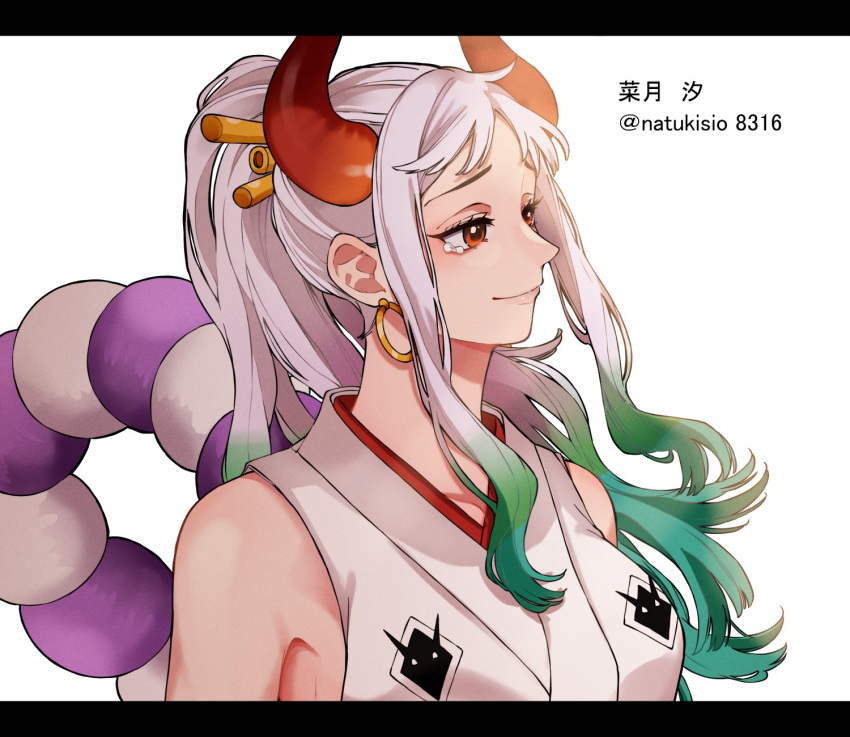 1girl artist_name bare_shoulders closed_mouth commentary_request earrings green_hair hair_ornament hair_stick happy_tears highres hoop_earrings horns jewelry letterboxed long_hair multicolored_hair natsuki_shio one_piece oni oni_horns ponytail rope shimenawa smile solo tears translation_request white_hair yamato_(one_piece)