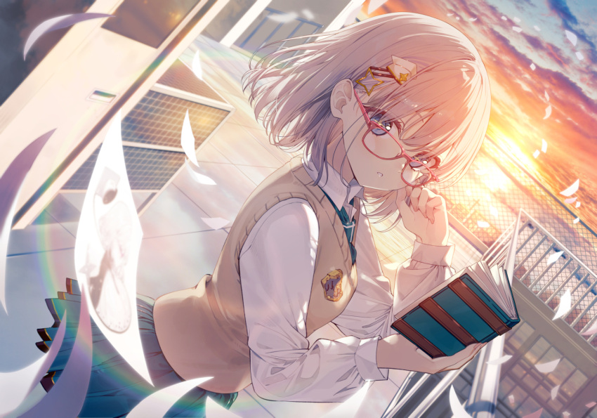 1girl a20_(atsumaru) blue_eyes book breasts character_request clouds cloudy_sky commentary_request copyright_request cowboy_shot floating glasses hair_ornament hairclip highres holding holding_book lens_flare light_brown_hair light_particles long_sleeves looking_at_viewer medium_hair necktie official_art open_book outdoors paper parted_lips pleated_skirt red-framed_eyewear rooftop school_uniform skirt sky small_breasts solo sunset sweater_vest wind
