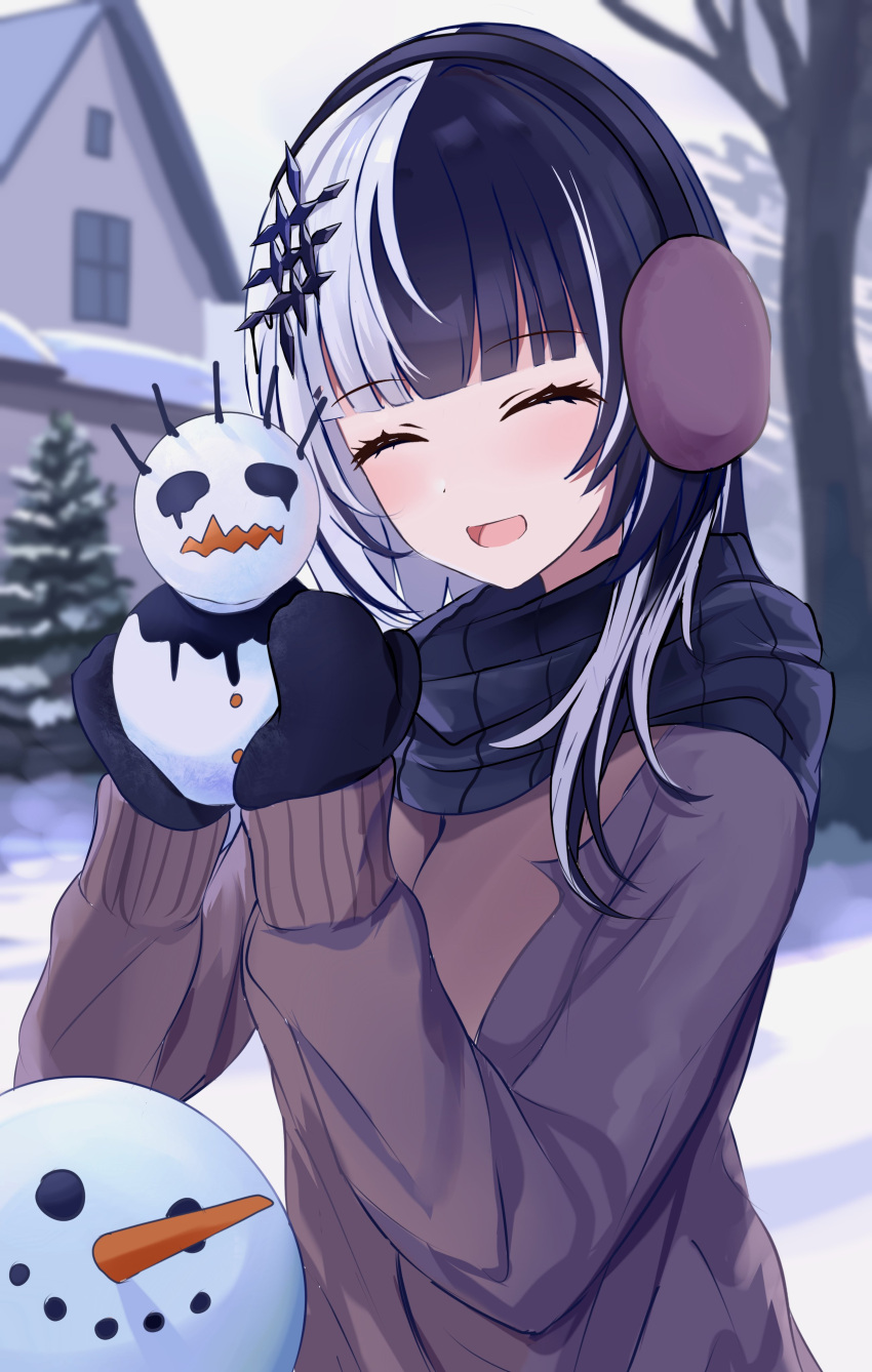 1girl absurdres black_hair black_mittens black_scarf brown_jacket closed_eyes commentary dot_nose earmuffs english_commentary facing_viewer grey_hair hair_ornament highres holding hololive hololive_english house jacket karu_(karusenpai) light_blush long_hair long_sleeves mittens multicolored_hair open_mouth outdoors scarf shiori_novella smile snow snowman solo split-color_hair tree two-tone_hair upper_body virtual_youtuber yellow_eyes yorick_(shiori_novella)