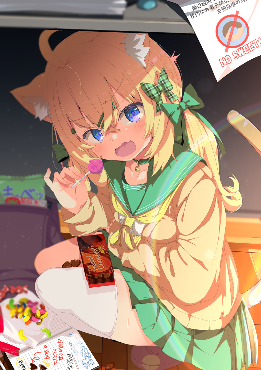 1girl absurdres ahoge animal_ears bell blonde_hair blue_eyes bow candy cat_ears cat_girl cat_tail chocolate collar commission food green_bow green_skirt hair_bow hair_ornament hairclip heart heart-shaped_chocolate highres holding holding_candy holding_food holding_lollipop jelly_bean lollipop looking_at_viewer neck_bell neckerchief original pleated_skirt school_uniform serafuku shiro9jira single_thighhigh skeb_commission skirt solo squatting sweatdrop tail thigh-highs white_thighhighs yellow_neckerchief