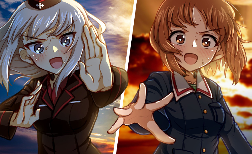 :d absurdres arm_at_side blue_eyes blue_jacket blue_sky blush bob_cut breast_pocket breasts bright_pupils brown_eyes clouds cloudy_sky commentary embarrassed floating_hair fourth_wall garrison_cap girls_und_panzer green_shirt hand_up hands_up hat highres itsumi_erika jacket kokota kuromorimine_military_uniform long_hair loose_hair_strand medium_breasts messy_hair military_uniform multiple_views nishizumi_miho ooarai_military_uniform open_mouth orange_sky pocket red_shirt shirt short_hair sky smile sunset sweat uniform v-shaped_eyebrows white_hair white_pupils wind