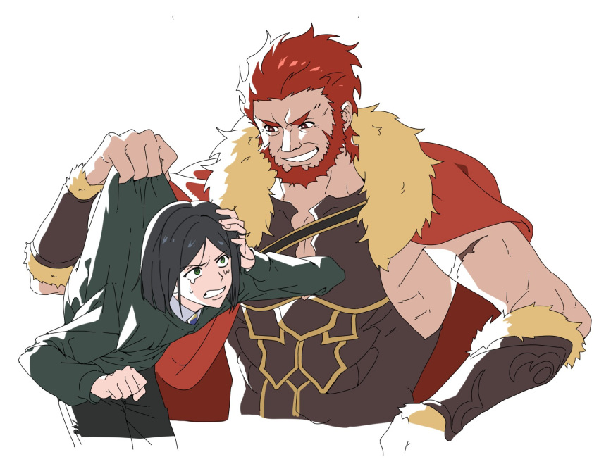 2boys beard cape cropped_torso eye_contact facial_hair fate/zero fate_(series) highres iskandar_(fate) lifting_person looking_at_another male_focus mature_male multiple_boys pectorals potato_goril red_eyes redhead scar short_hair sidepec size_difference tearing_up toned toned_male waver_velvet white_background