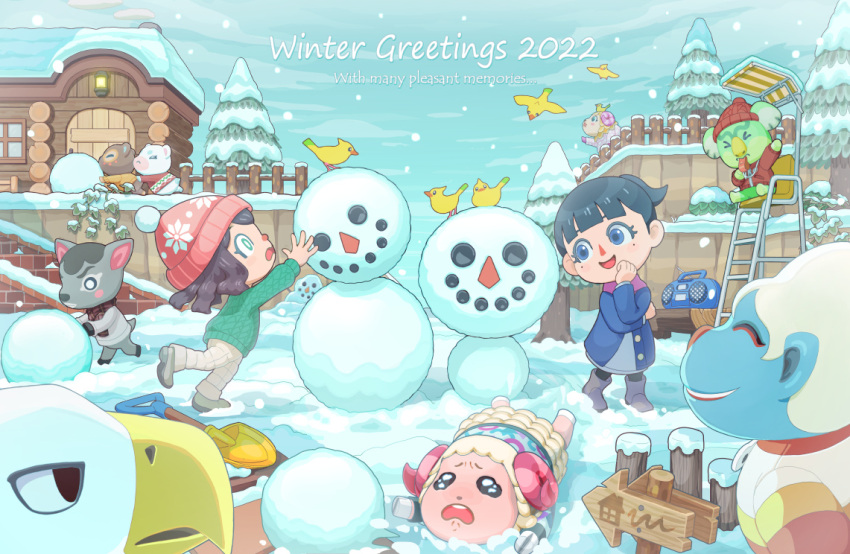 &gt;_&lt; 2022 5boys 5girls :&lt; :d ^_^ animal_crossing animal_on_head apollo_(animal_crossing) arm_up arrow_(symbol) beanie bench bird bird_on_head black_hair blue_coat blue_eyes blunt_bangs blush_stickers boots bush clay_(animal_crossing) closed_eyes closed_mouth clouds cloudy_sky coat commentary_request curled_horns day deirdre_(animal_crossing) dom_(animal_crossing) english_text eyelashes fallen_down fence flurry_(animal_crossing) furry furry_female furry_male green_eyes green_sweater grey_footwear grey_hair hans_(animal_crossing) hat high_ponytail horns house jacket lifeguard_chair long_sleeves lying lyman_(animal_crossing) mole mole_under_eye multiple_boys multiple_girls on_head on_stomach open_mouth orange_sweater outdoors pants pine_tree pink_horns plaid plaid_scarf pom_pom_(clothes) pom_pom_beanie ponytail pushing radio red_headwear red_jacket red_scarf red_sweater scarf shoes short_hair shovel sign sky smile snow snowball snowing snowman standing suyu38 sweater teeth tree upper_teeth_only villager_(animal_crossing) wavy_eyes whistle whistle_around_neck white_jacket white_pants wide-eyed willow_(animal_crossing) winter wooden_fence