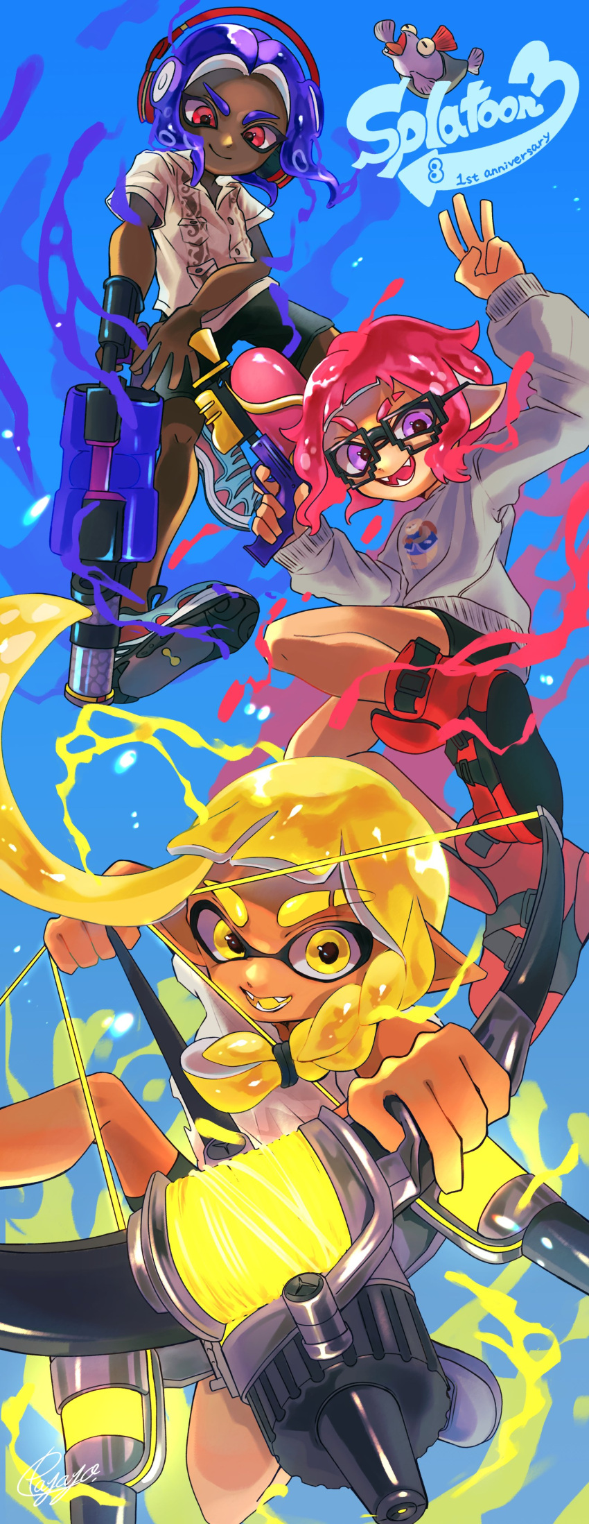 .96_gal_(splatoon) 1boy 2girls absurdres anniversary aura bike_shorts black_footwear blonde_hair blue_background blue_hair bow_(weapon) braid commentary_request copyright_name dark-skinned_male dark_skin fangs full_body glasses grey_sweater gun headphones highres holding holding_bow_(weapon) holding_gun holding_weapon inkling inkling_girl long_hair multiple_girls octoling octoling_boy open_mouth paint payayo884 print_sweater red_eyes shirt short_hair smallfry_(splatoon) smile splatoon_(series) splatoon_3 splattershot_(splatoon) sweater thick_eyebrows tri-stringer_(splatoon) v-shaped_eyebrows violet_eyes w weapon white_shirt
