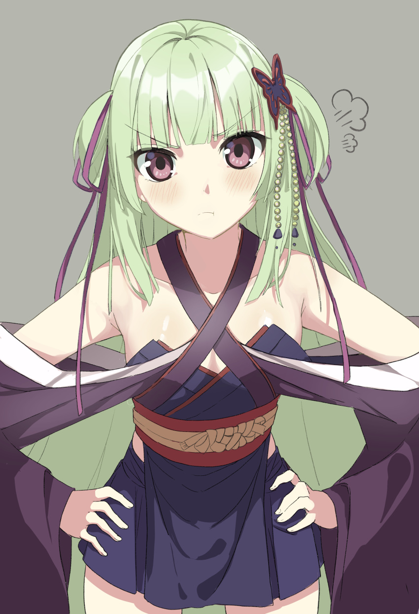 1girl :t absurdres angry bare_shoulders black_kimono black_skirt blunt_bangs blunt_ends blush breasts closed_mouth commentary cowboy_shot criss-cross_halter detached_sleeves eyelashes frown green_hair grey_background hair_ribbon halterneck hands_on_own_hips highres hime_cut japanese_clothes kimono kosh long_hair long_ribbon long_sleeves looking_at_viewer miniskirt murasame_(senren) pout puff_of_air purple_ribbon red_eyes red_sash ribbon sash senren_banka shiny_skin sidelocks simple_background skirt small_breasts solo standing straight-on straight_hair v-shaped_eyebrows very_long_hair wide_sleeves