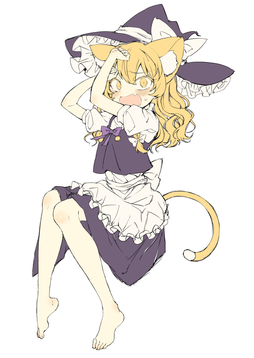 1girl animal_ear_fluff animal_ears apron back_bow barefoot black_vest blonde_hair blush bow cat_ears cat_tail commentary_request covering_face embarrassed fang feet flat_color frilled_apron frilled_hat frills furrowed_brow hair_bow hat hat_bow highres kirisame_marisa long_hair looking_at_viewer multiple_hair_bows open_mouth puffy_short_sleeves puffy_sleeves purple_bow seika_okawari shirt short_sleeves solo tail touhou vest waist_apron wavy_hair white_background white_bow white_shirt witch_hat yellow_eyes