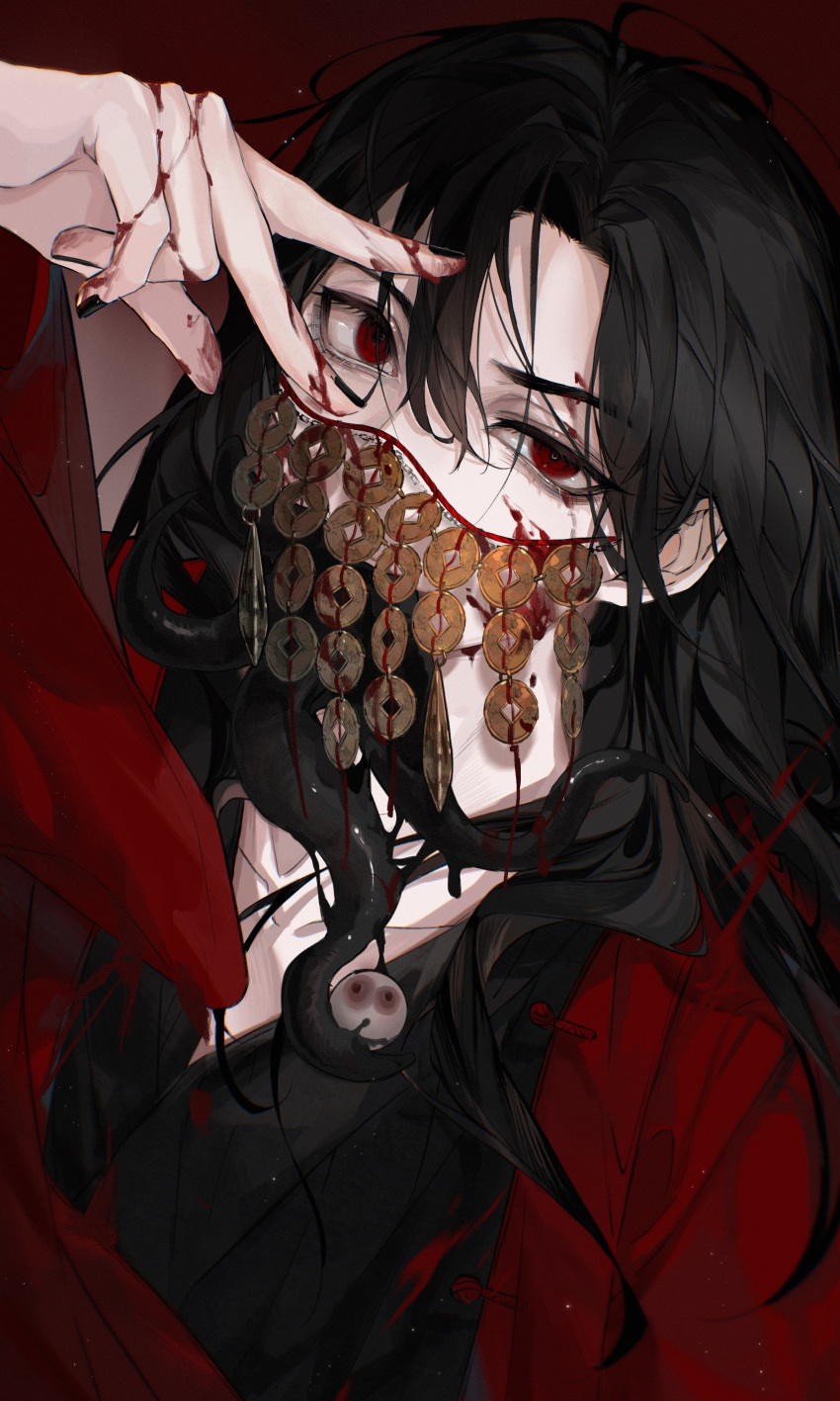 1boy absurdres arm_up bishounen black_hair black_nails blood blood_on_face chinese_clothes coat coin dao_gui_yi_xian hanfu highres holed_coin li_huowang long_hair long_sleeves looking_at_viewer male_focus mouth_veil nidexintu red_coat red_pupils solo upper_body veil wide_sleeves