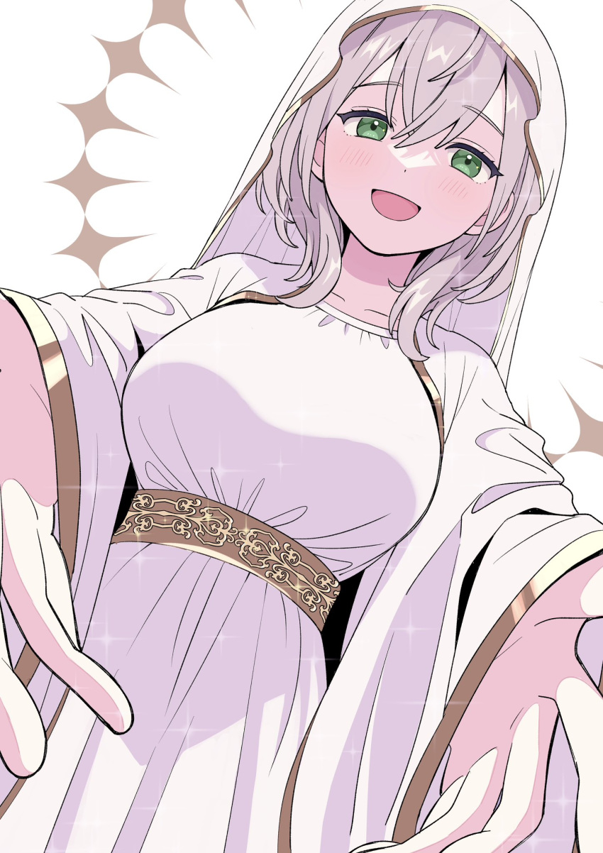 1girl breasts collarbone dress dutch_angle green_eyes grey_hair hair_between_eyes highres hololive large_breasts long_sleeves looking_at_viewer medium_hair open_mouth reaching reaching_towards_viewer shirogane_noel soh_himitsuki solo upper_body virtual_youtuber white_dress white_veil wide_sleeves