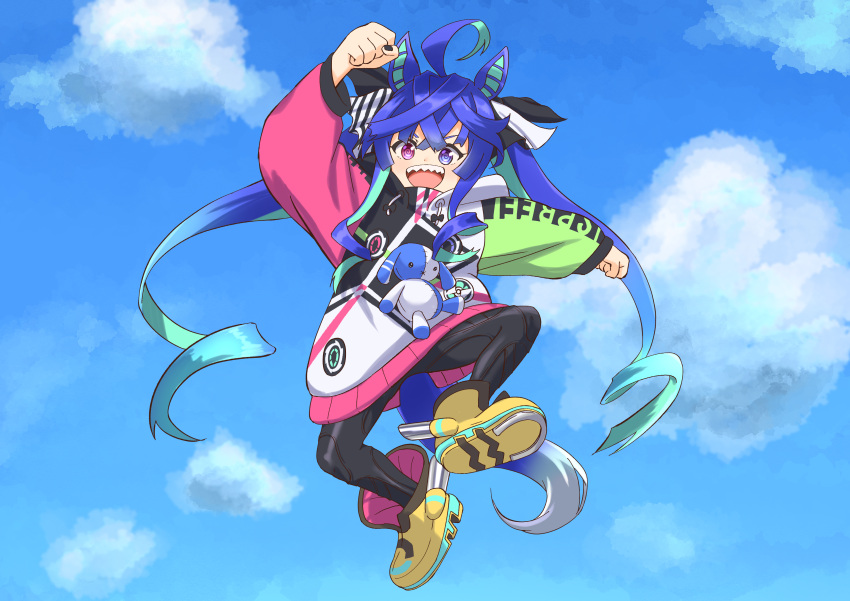 1girl :d @_@ absurdres ahoge animal_ears aqua_hair arm_up black_leggings black_nails blue_eyes blue_hair boots bow clenched_hands clothes_writing clouds commentary_request crossed_bangs drawstring full_body gundam hair_bow heterochromia highres hood hoodie horse_ears horse_girl horse_tail imasogari jumping leggings long_hair long_sleeves looking_at_viewer multicolored_clothes multicolored_hair multicolored_hoodie nail_polish outstretched_arm parody partial_commentary raised_fist sharp_teeth sidelocks sky smile solo striped striped_bow stuffed_animal stuffed_rabbit stuffed_toy tail teeth twin_turbo_(umamusume) twintails two-tone_hair umamusume upper_teeth_only victory_gundam violet_eyes yellow_footwear