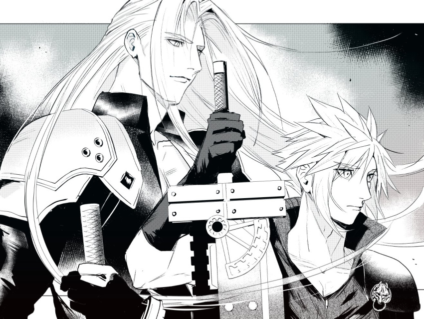 2boys armor black_coat black_gloves cloud_strife coat final_fantasy final_fantasy_vii gloves greyscale hand_up high_collar holding holding_sword holding_weapon jjn_ff7 katana long_hair looking_down looking_to_the_side male_focus monochrome multiple_boys outdoors parted_bangs pauldrons screentones sephiroth serious short_hair shoulder_armor slit_pupils spiky_hair sword upper_body weapon wind