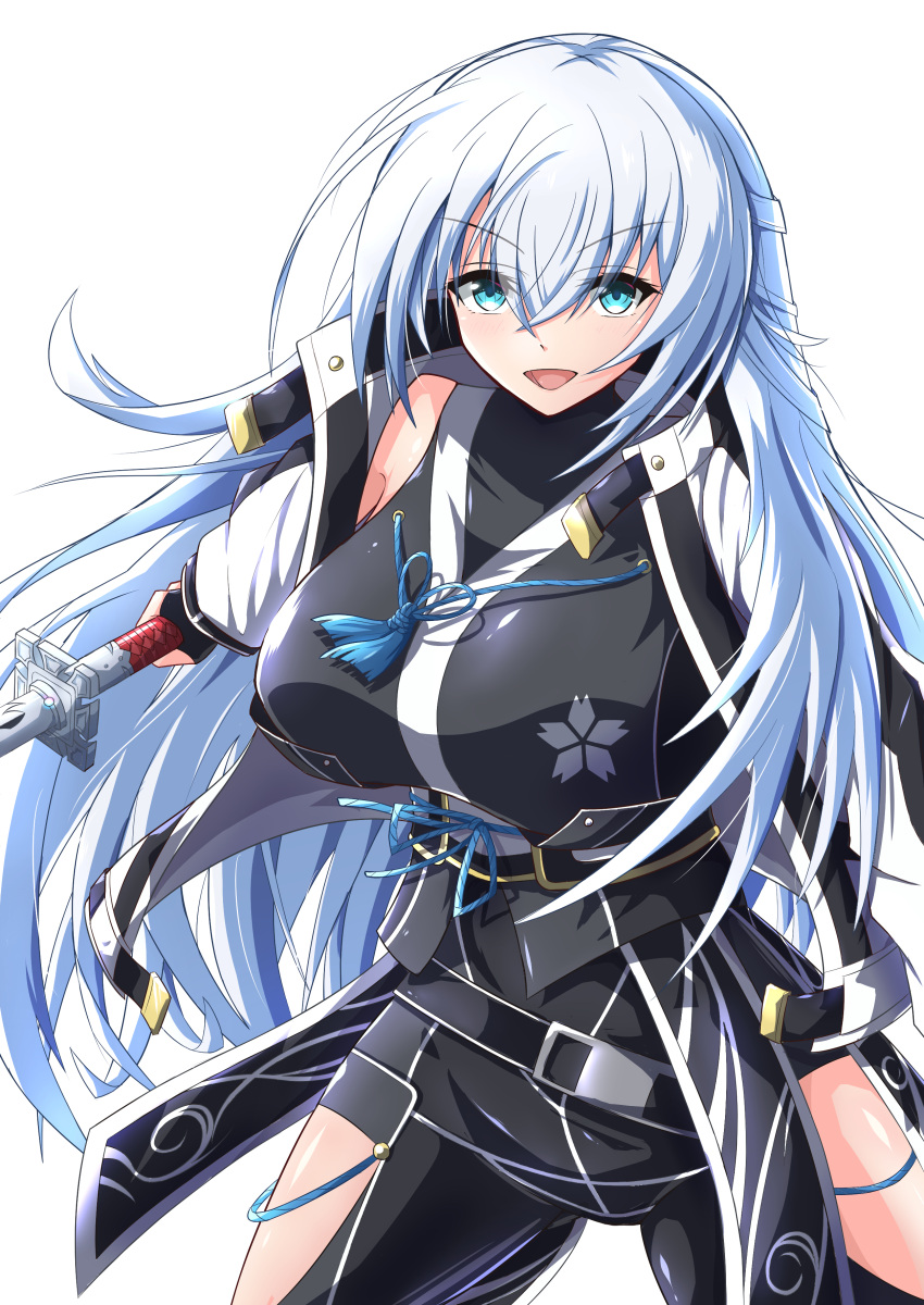 1girl absurdres blue_eyes breasts clothing_cutout coat double-parted_bangs eiyuu_densetsu hair_between_eyes half_updo highres holding holding_sword holding_weapon katana kuro_no_kiseki large_breasts light_xion long_hair looking_at_viewer open_clothes open_coat open_mouth shizuna_rem_misurugi simple_background smile solo sword thigh-highs thigh_cutout weapon white_background white_hair