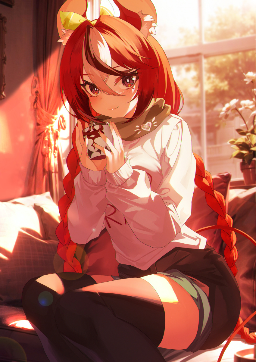 1girl absurdres animal_ear_fluff animal_ears black_hair black_shorts black_thighhighs blue_eyes braid couch cup curtains english_commentary flower flower_pot hair_between_eyes hair_ribbon hakos_baelz highres holding holding_cup hololive hololive_english indoors jiang_ye_kiri lens_flare long_hair long_sleeves looking_at_viewer mouse_ears mouse_girl mouse_tail multicolored_hair on_couch pillow redhead ribbon scarf shorts sitting smile solo streaked_hair sweater tail thigh-highs twin_braids virtual_youtuber white_flower white_sweater window yellow_ribbon