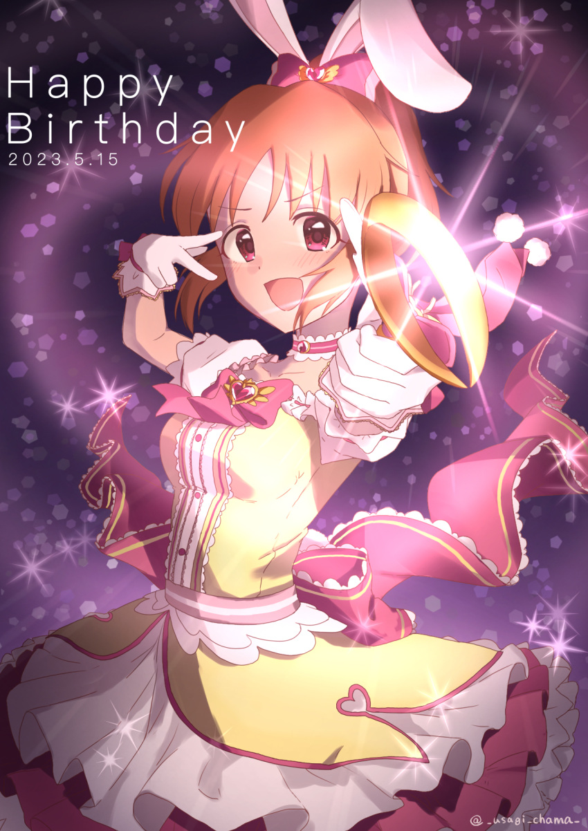 1girl abe_nana animal_ears blush bow bowtie breasts brooch brown_eyes brown_hair choker collarbone dated dress dress_bow fake_animal_ears frilled_choker frills glint gloves hair_bow hair_ribbon hands_up happy_birthday heart heart_brooch highres holding holding_wand idolmaster idolmaster_cinderella_girls idolmaster_cinderella_girls_starlight_stage jewelry layered_dress looking_at_viewer magical_girl medium_breasts open_mouth pink_bow pink_bowtie pink_choker pink_ribbon pointing pointing_at_viewer ponytail purple_background rabbit_ears ribbon short_hair short_sleeves smile solo sparkle twitter_username usagichama v-shaped_eyebrows w wand white_gloves yellow_dress