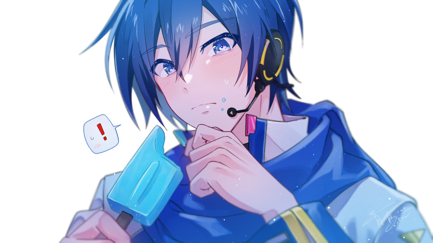 ! 1boy absurdres blue_eyes blue_hair blue_scarf blush closed_mouth commentary_request food food_on_face hands_up headset highres holding holding_food holding_popsicle kaito_(vocaloid) long_sleeves looking_at_viewer male_focus parang_99 popsicle scarf short_hair simple_background solo spoken_exclamation_mark vocaloid white_background