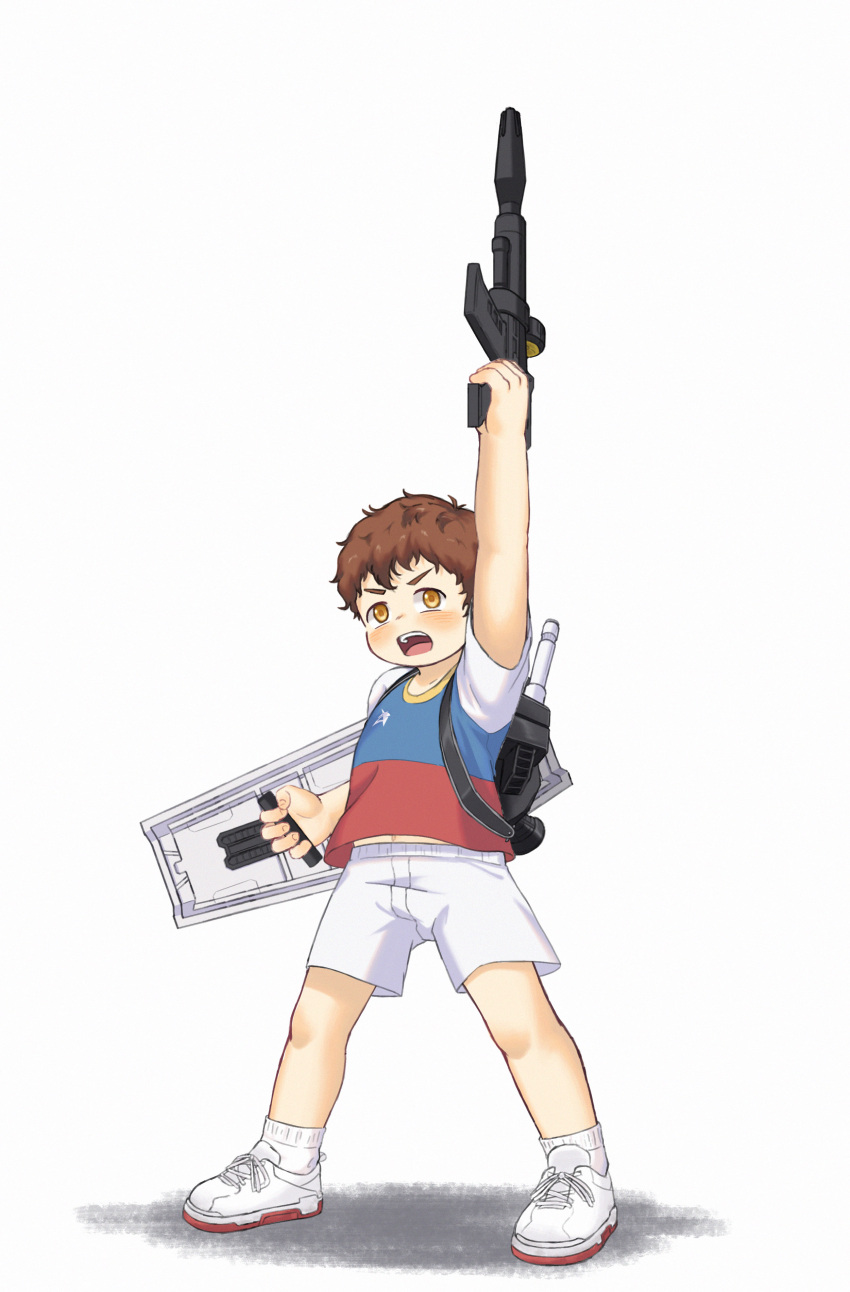 1boy absurdres ailurusyuan brown_eyes brown_hair child commentary_request energy_cannon gundam highres male_focus mobile_suit_gundam outstretched_arm personification rx-78-2 science_fiction shield shorts simple_background socks solo teeth upper_teeth_only white_footwear