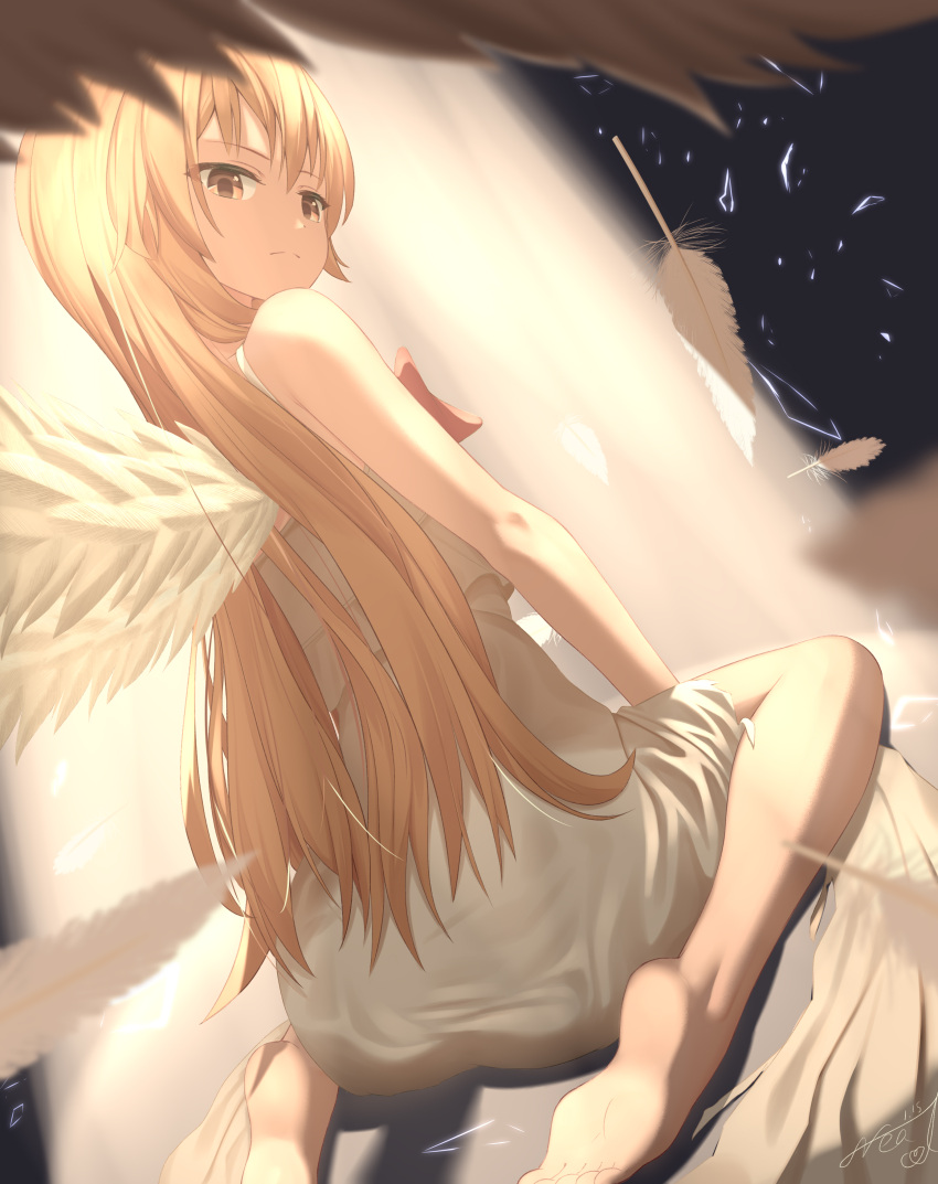 1girl absurdres aisaka_taiga angel angel_wings bare_arms barefoot between_legs black_background blurry broken_glass brown_eyes brown_hair closed_mouth commentary depth_of_field dress dutch_angle english_commentary eyelashes falling_feathers feathered_wings feet foot_out_of_frame from_behind frown glass hair_between_eyes hand_between_legs head_tilt highres long_hair looking_at_viewer looking_back mixed-language_commentary nearoul_kishi serious signature simple_background sitting sleeveless sleeveless_dress soles solo split_mouth spotlight straight_hair toes toradora! very_long_hair wariza white_dress white_wings wings