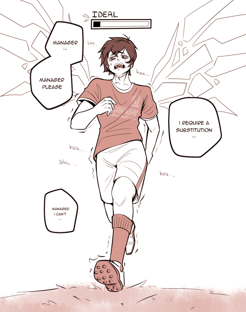 1boy 4chan black_eyes black_hair commentary cursedxwt english_commentary english_text exhausted grass health_bar highres limbus_company lobotomy_corporation on_grass project_moon red_shirt red_socks running shards shirt short_hair shorts simple_background soccer_uniform socks solo speech_bubble sportswear sweat sweatdrop t-shirt white_background white_shorts wings yi_sang_(project_moon)