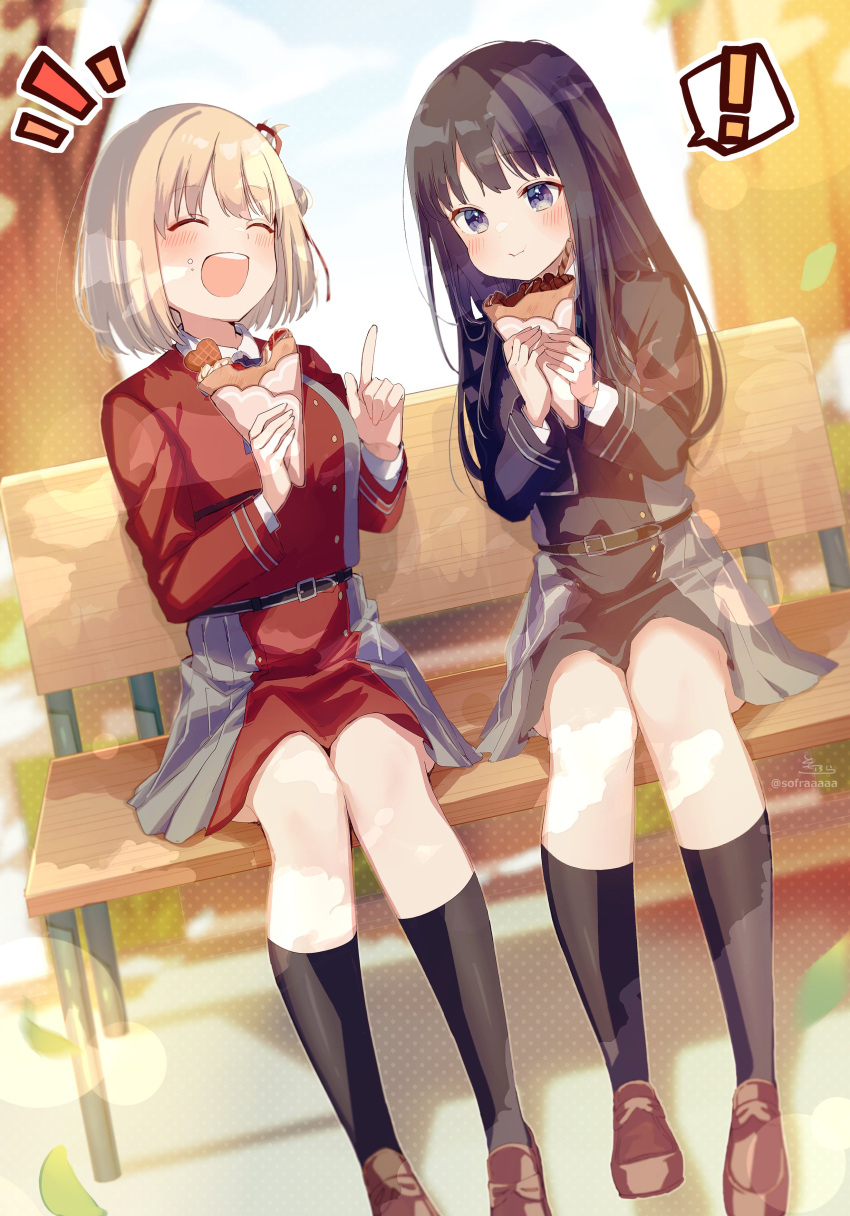 ! 2girls :d :t ^_^ absurdres black_dress black_hair black_socks blonde_hair blue_eyes blush brown_footwear closed_eyes closed_mouth commentary_request crepe day dress eating food food_on_face grey_dress hands_up highres holding holding_food index_finger_raised inoue_takina loafers long_hair long_sleeves lycoris_recoil lycoris_uniform multiple_girls nishikigi_chisato notice_lines on_bench outdoors pleated_dress red_dress shoes sitting smile socks sofra spoken_exclamation_mark teeth tree two-tone_dress upper_teeth_only