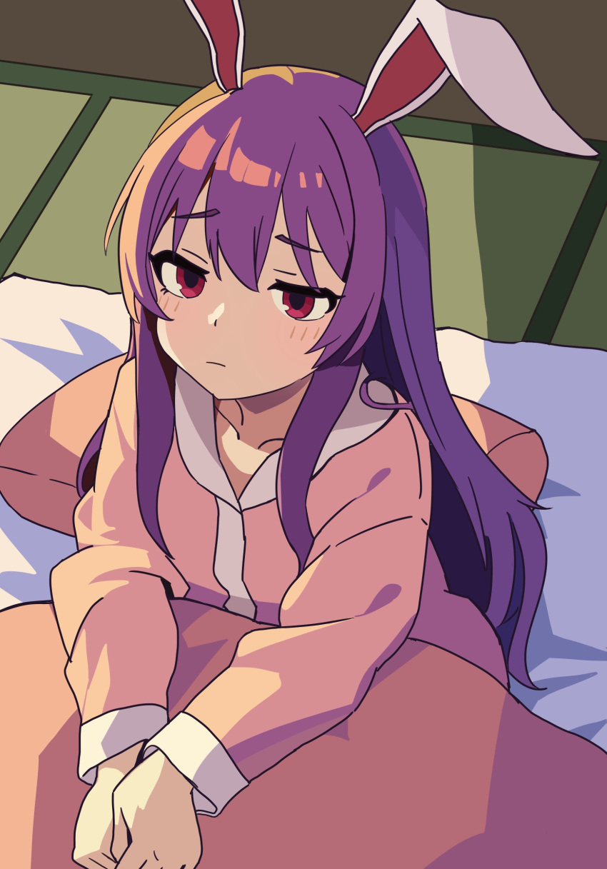 1girl animal_ears closed_mouth commentary_request highres kv-san long_hair long_sleeves pajamas pillow pink_pajamas pink_shirt rabbit_ears red_eyes reisen_udongein_inaba shirt sidelocks solo touhou upper_body very_long_hair violet_eyes waking_up